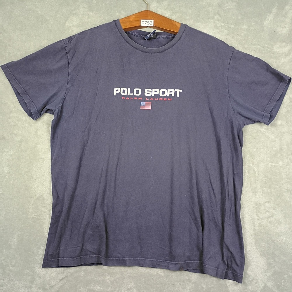 Polo Sport T-Shirt Mens XL Navy Blue Cotton Logo American Flag 90s Vintage Y2K